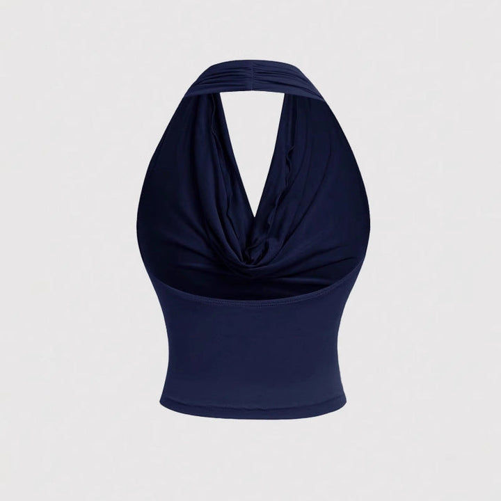 Figurbetontes Neckholder-Top für Damen, kurz geschnitten. Modisch mit Wasserfall-Ausschnitt, ideal für Freizeit.