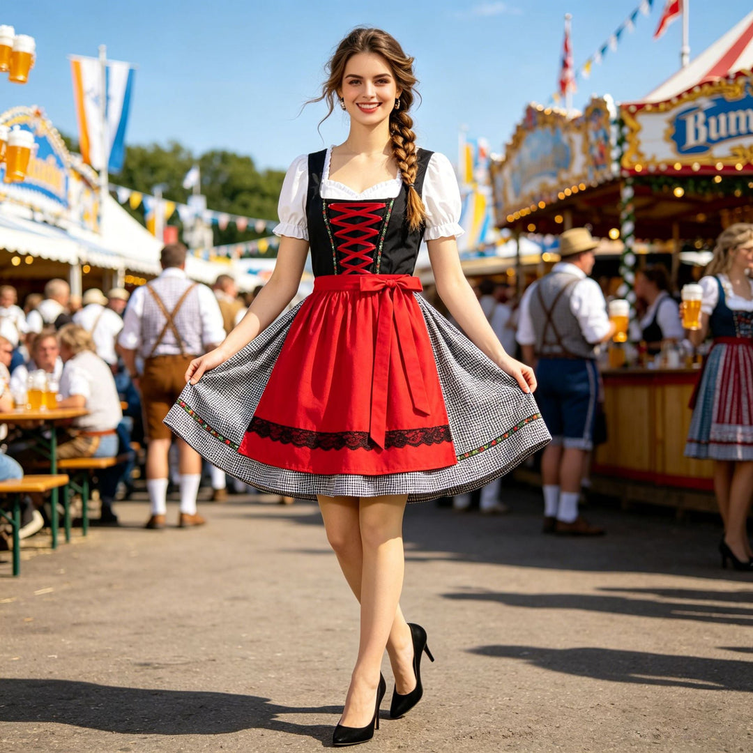 Traditionelles Damen Dirndlkleid mit passender Bluse & Schürze, ideal für Oktoberfest & Volksfeste.