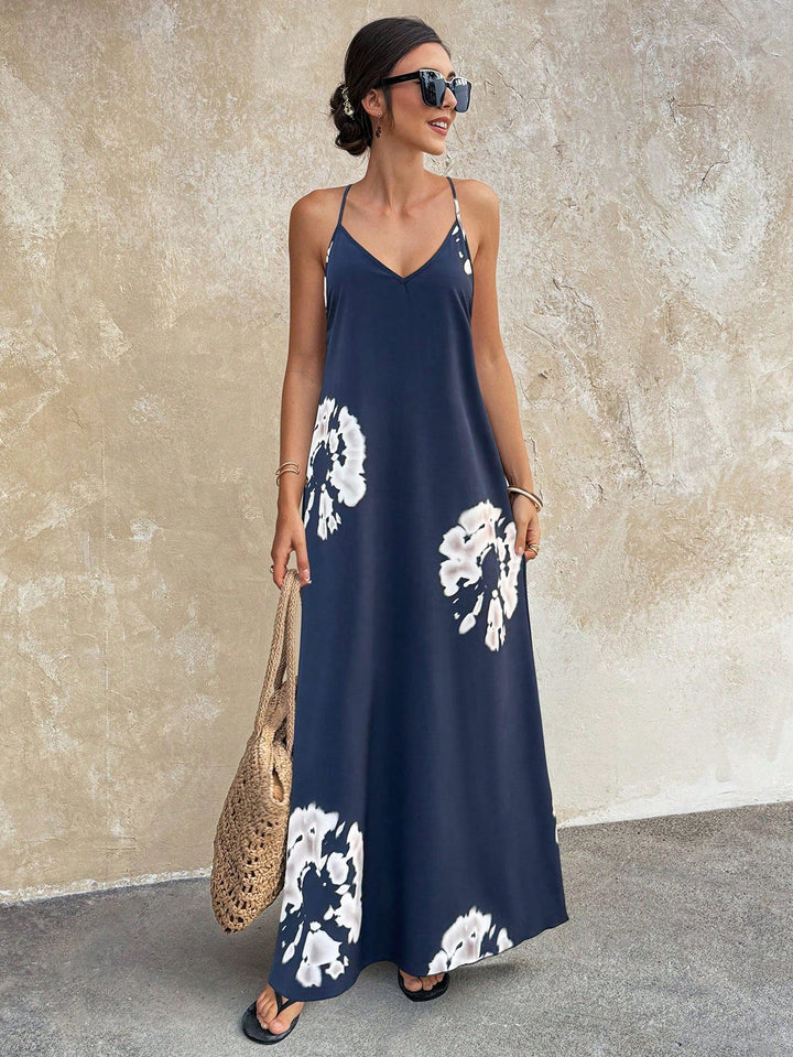 Trendiges Damen Spaghettiträger Maxikleid mit V-Ausschnitt, leichtes Sommerkleid, perfekt für Urlaub.