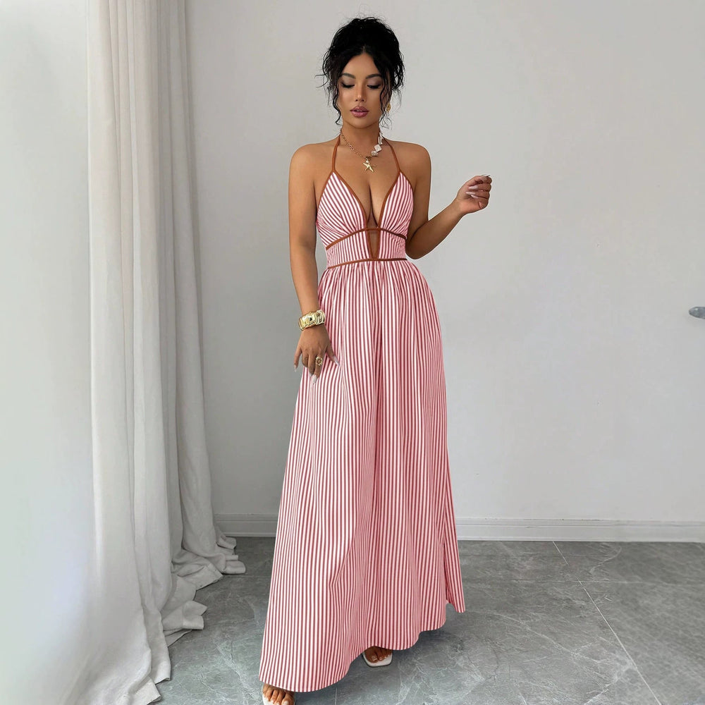 Elegantes Damen Maxikleid, gestreift, mit Neckholder, tiefem V-Ausschnitt & seitlichem Cut-Out.
