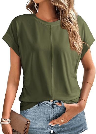 Bequemes Damen Relaxed-Fit Kurzarmshirt, Ziernaht & Umschlagärmel, für modernen, entspannten Freizeit-Look.