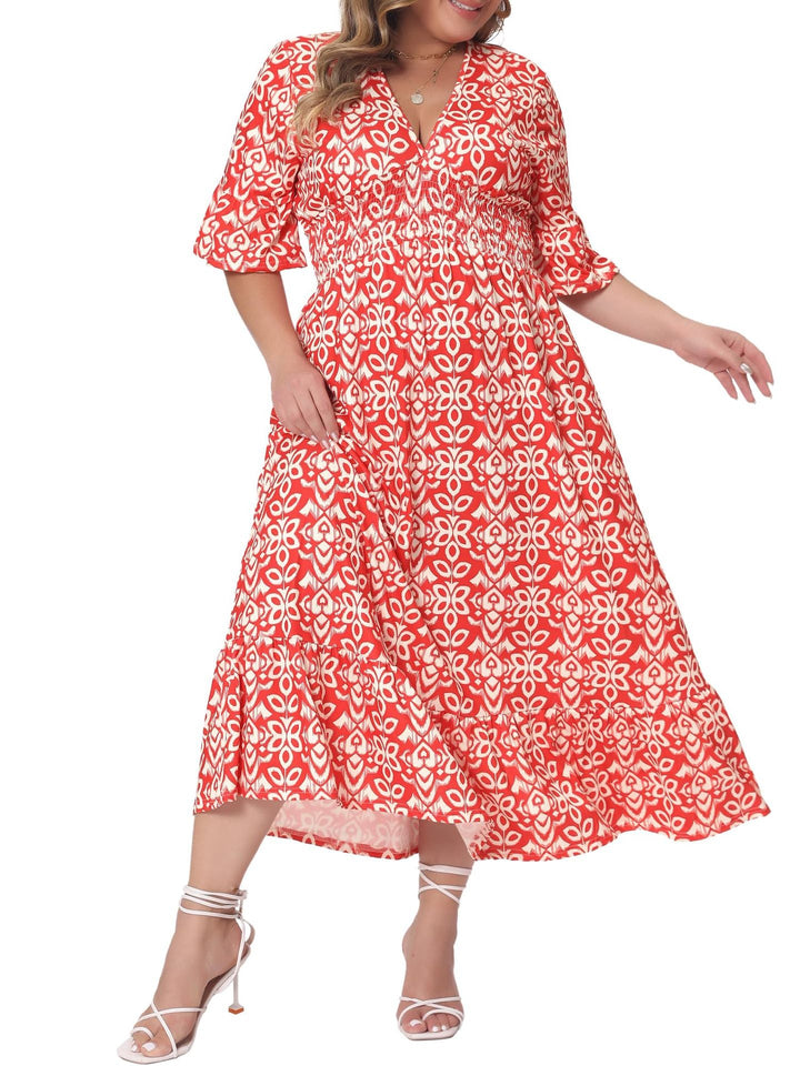 Fließendes Volantkleid in A-Linie, Midilänge. Bequemes Damen Sommerkleid mit geraffter Taille & Muster.