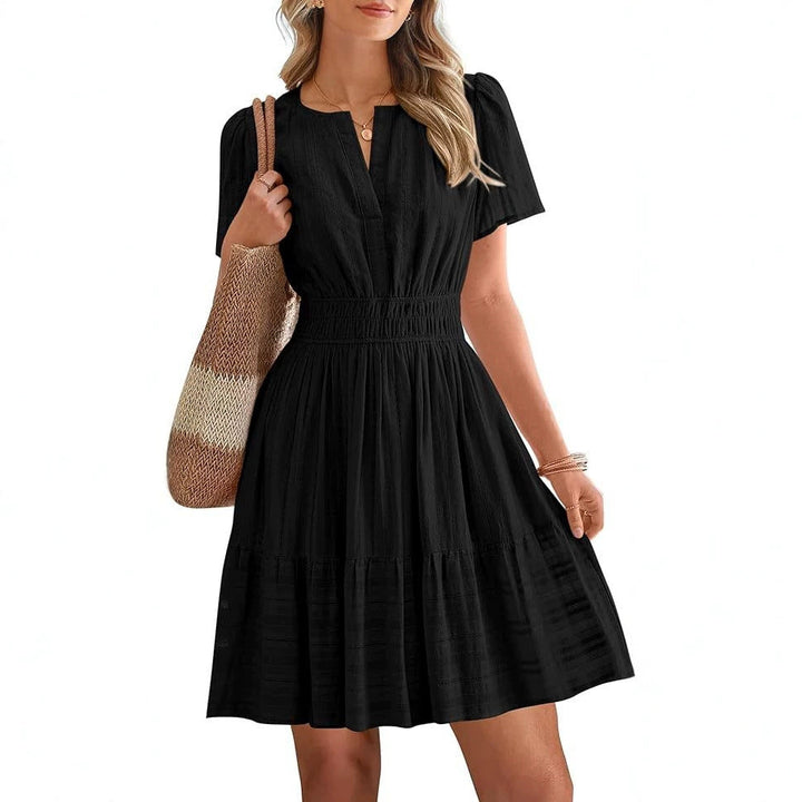 Bequemes Damen Midikleid A-Linie, V-Ausschnitt, Smokbund, Taschen. Perfekt als Freizeitkleid.