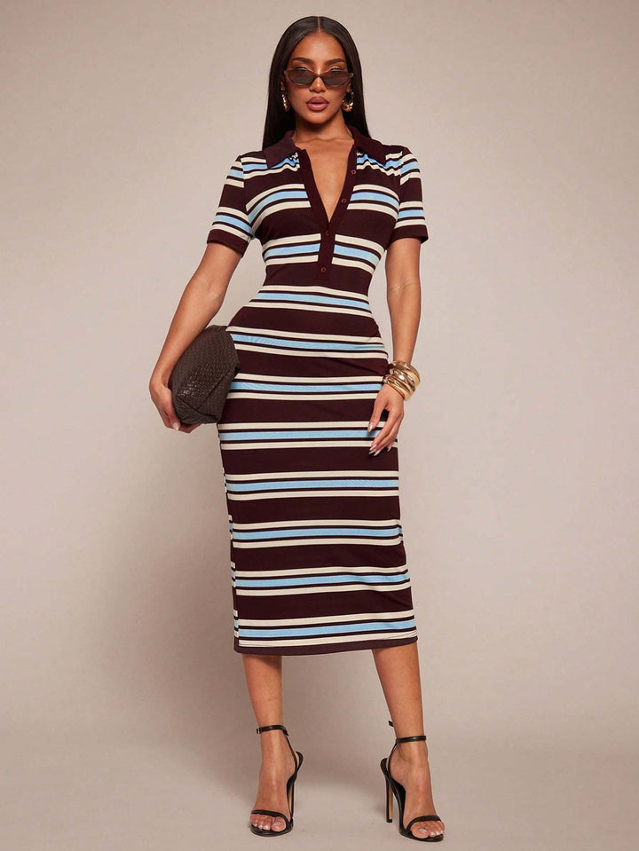 Sommerliches Midikleid für Damen, gestreift, mit Polo-Kragen, kurzarm, schmeichelhafte Passform.