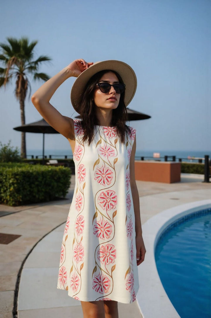 Damen Blumenkleid, ärmellos, knielang, mit zartem Blumenprint; ein leichtes und elegantes Sommeroutfit.