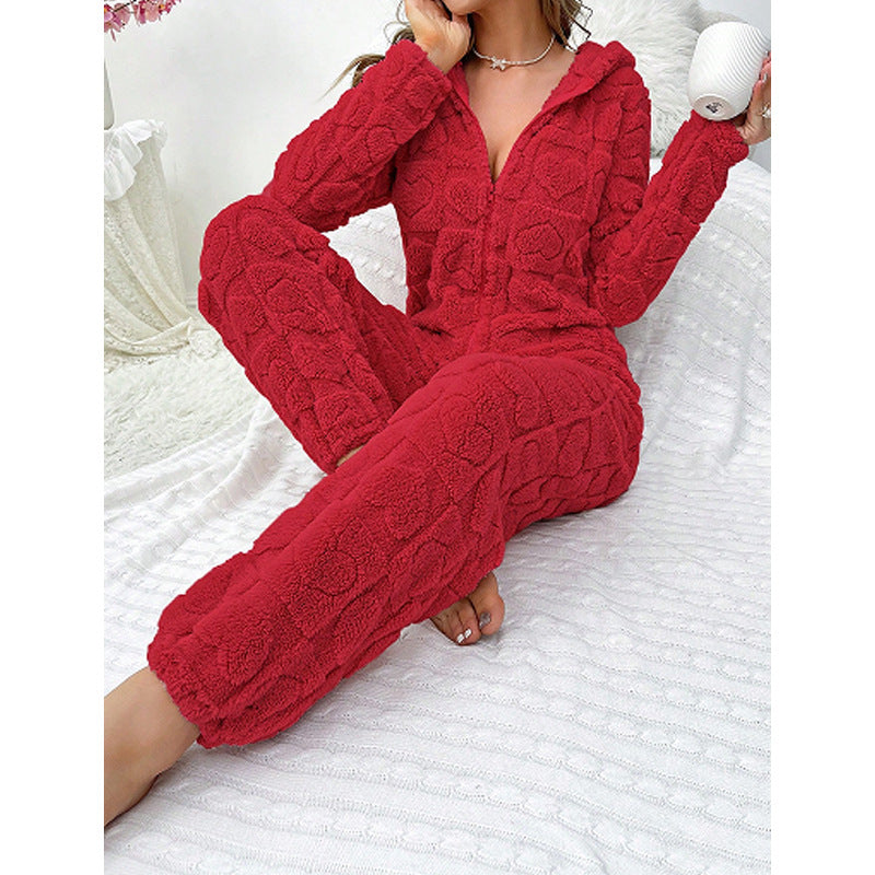Bequemer Damen Kuschelanzug mit Kapuze, perfekter Loungewear-Look für Entspannungstage.