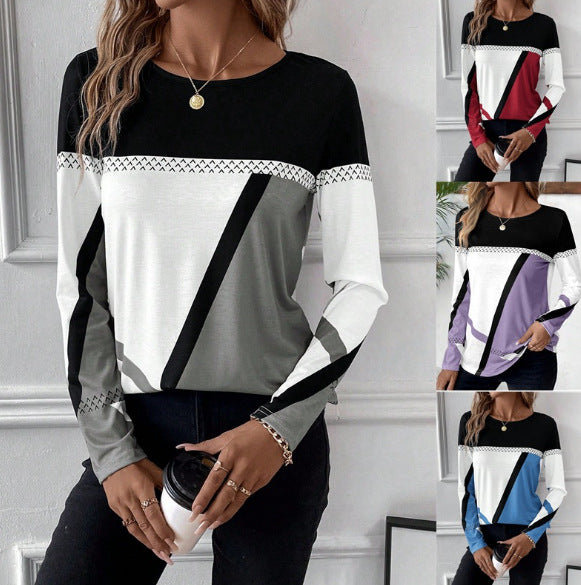 Damen Langarmshirt mit geometrischem Blockprint und Rundhals. Bequeme Freizeitmode.