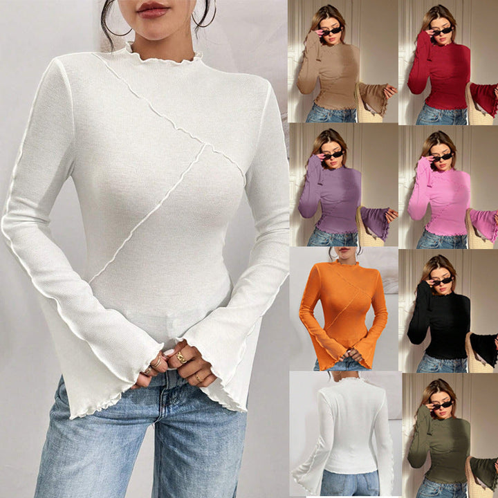 Damen geripptes Langarmshirt mit Rüschensaum & elegantem Stehkragen, eng geschnitten.