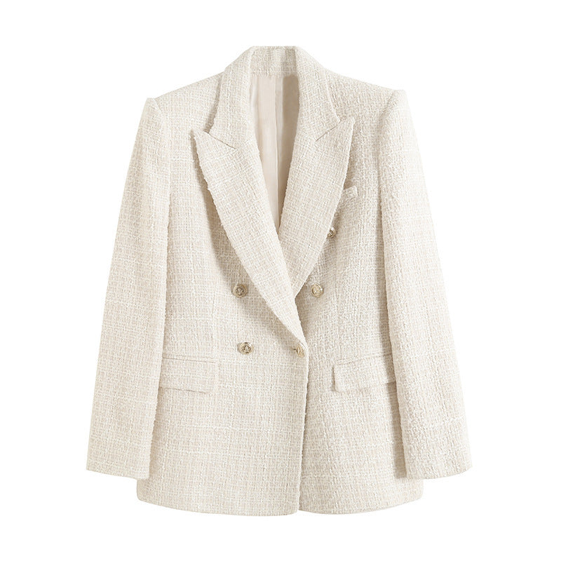 Damen Doppelreiher Blazer mit stilvollem Karomuster. Modische, klassische Blazerjacke für vielseitige Outfits.