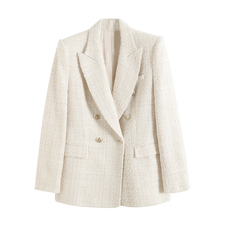 Damen Doppelreiher Blazer mit stilvollem Karomuster. Modische, klassische Blazerjacke für vielseitige Outfits.