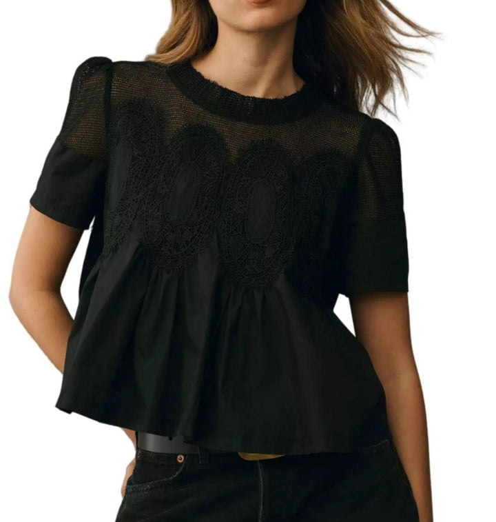 Luftiges Damen Sommer Blusentop aus Spitze mit Stehkragen und modischem Netz-Einsatz, elegant.