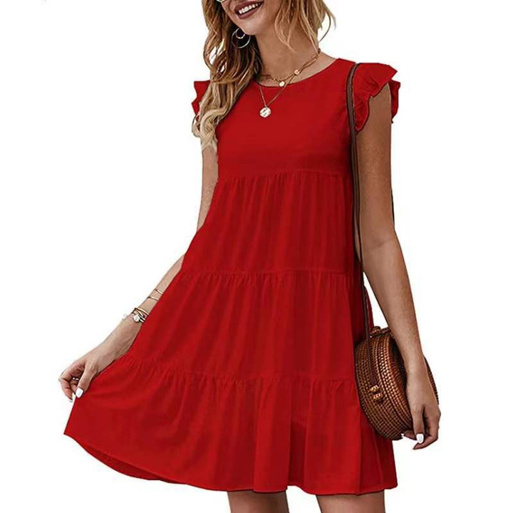 Knielanges Damen A-Linien-Stufenkleid mit verspielten Rüschenärmeln und Rundhals. Perfekt als bequemes Sommerkleid.