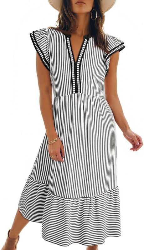 Schickes, gestreiftes Damen Freizeitkleid, Midilänge, V-Ausschnitt & Volant. Ideal für Sommertage.