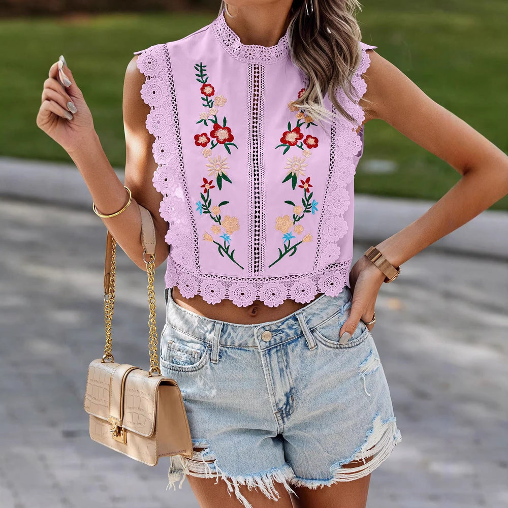 Boho Cropped Top für Damen, ärmellos, mit eleganter Stickerei & Häkelspitze, perfekt für Freizeit im Sommer.