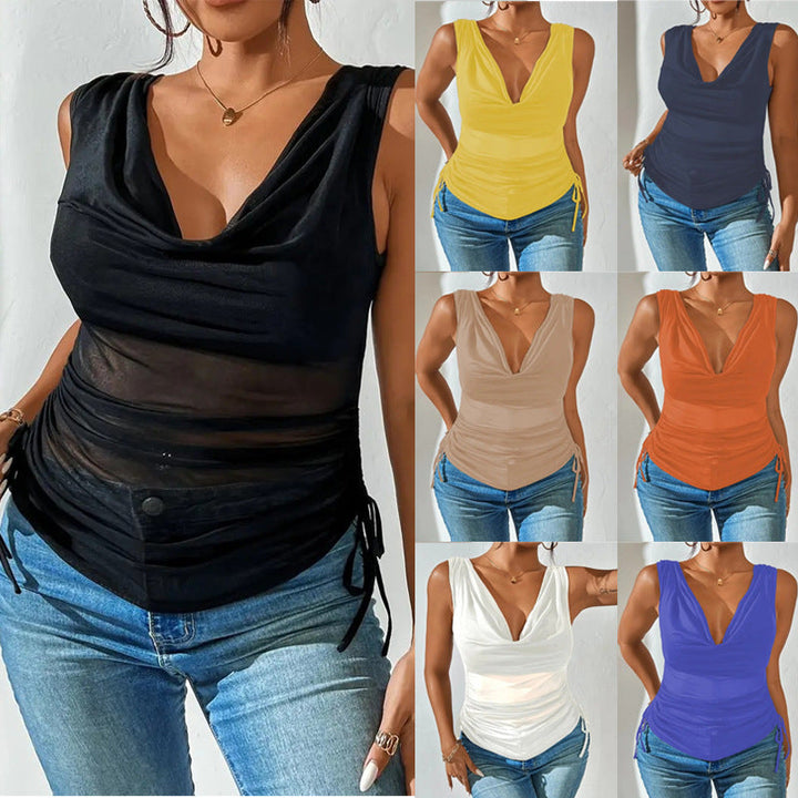 Elegantes Damen Ärmelloses Top mit V-Ausschnitt & seitlicher Raffung für eine figurbetonte Passform, ideal für den Sommer.