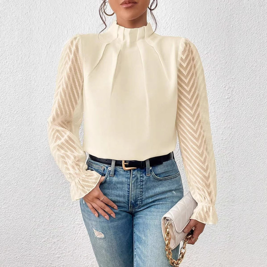 Stilvolle Damen Chiffonbluse mit Stehkragen und transparenten Ärmeln, ideal als Büro- oder Abendkleidung.