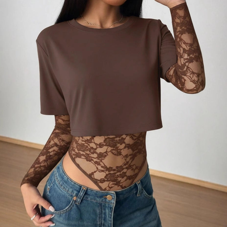 Vielseitiges Damen-Oberteil: Kurzarm-Shirt mit festem Bodysuit-Layering, ideal für Frühling & Sommer.