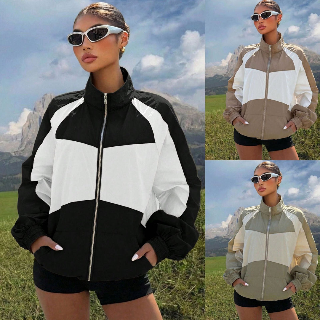 Leichte Damen Windbreaker-Jacke mit Stehkragen und modernem Farbblock-Design, ideal für Freizeit & Sport.
