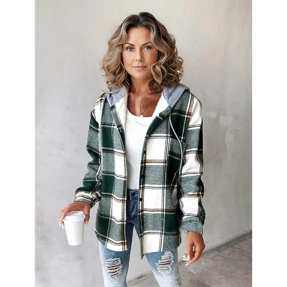 Modische Damen Freizeitjacke mit Kapuze und klassischem Karodesign. Ideal für den Alltag.