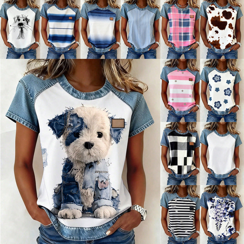 Damen Kurzarmshirt mit süßem Teddy-Print & coolen Denim-Details, ideal für Freizeitlooks.