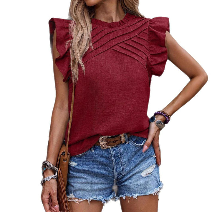 Vorderansicht: Ärmelloses Damen Top mit eleganter Faltenpasse und fließenden Volantärmeln, femininer Look.