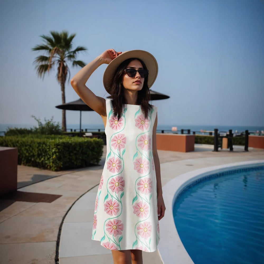 Elegantes ärmelloses Damen Sommerkleid, knielang, mit floralem Muster; perfekt als Freizeit- oder Strandkleid.
