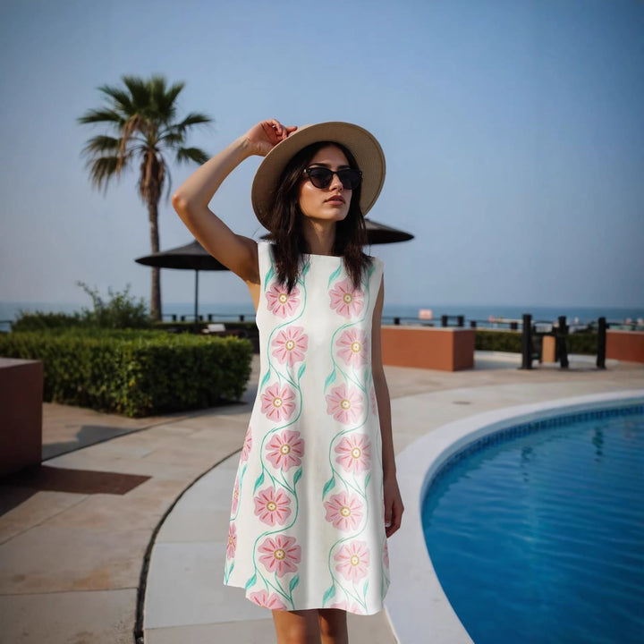 Elegantes ärmelloses Damen Sommerkleid, knielang, mit floralem Muster; perfekt als Freizeit- oder Strandkleid.