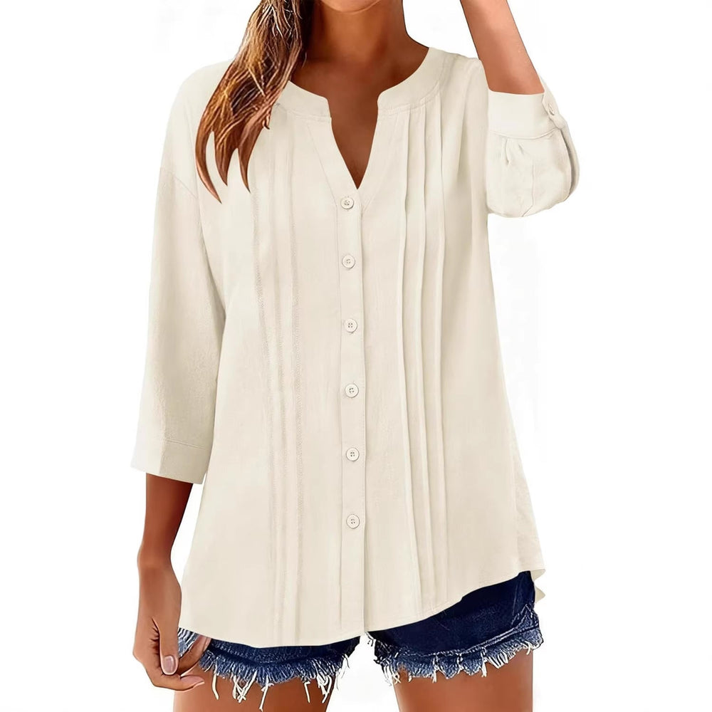 Lockeres Damen Tunika Shirt mit eleganten Kellerfalten & Dreiviertelärmeln. Ideal für Freizeit & Frühling.