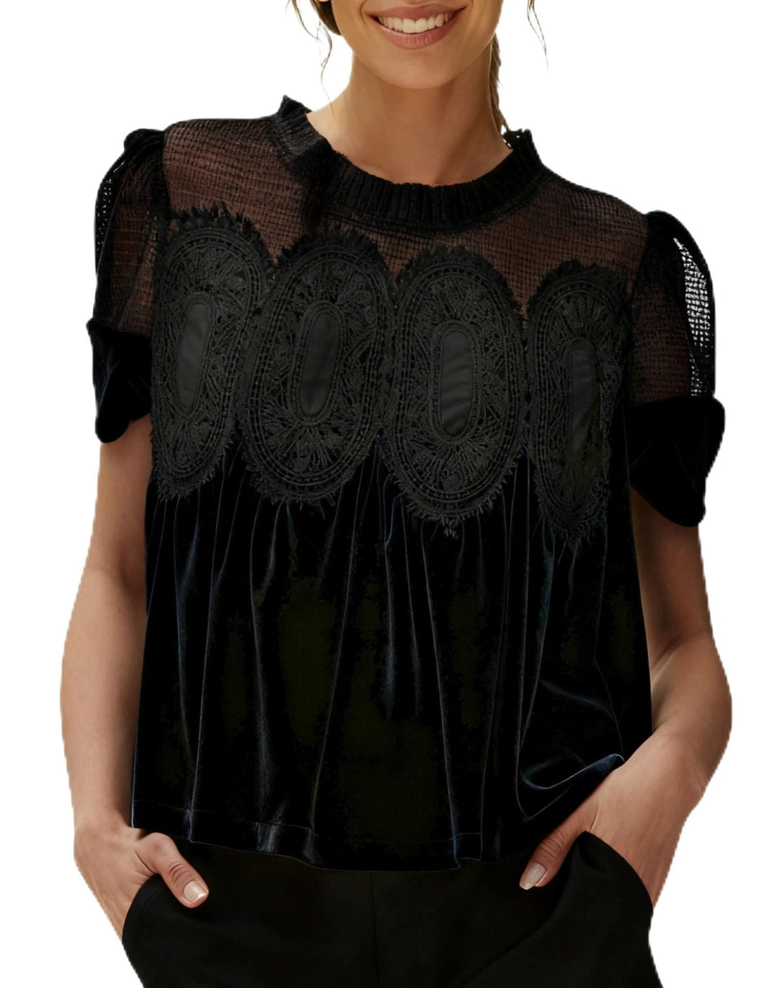 Damen-Samtbluse in A-Linie, elegant & festlich. Mit filigraner Spitze verziert.