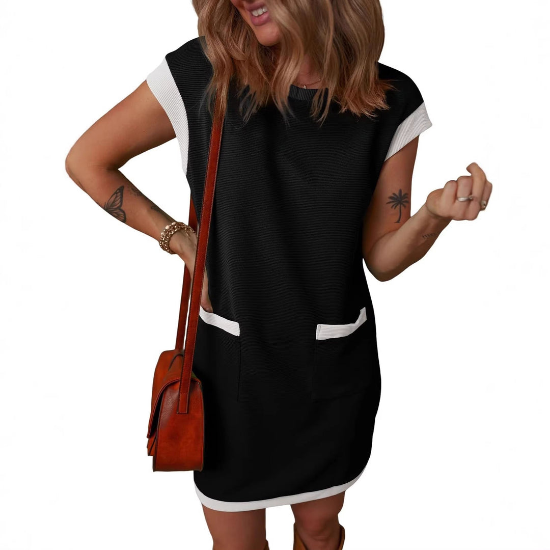Elegantes Damen Shiftkleid in A-Linie, ärmellos, mit feiner Rippoptik und stilvollen Kontrastkanten.
