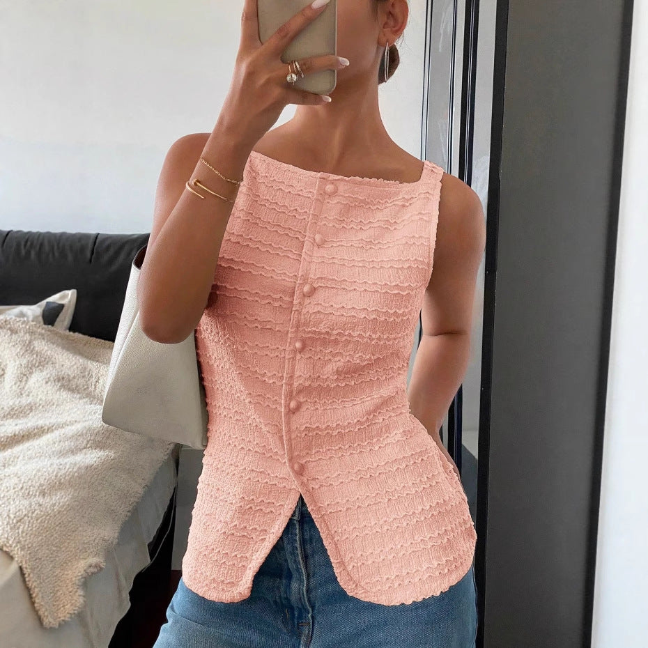 Figurfreundliches Damen Struktur-Top, ärmellos, mit Zierknopfleiste für Casual Chic.