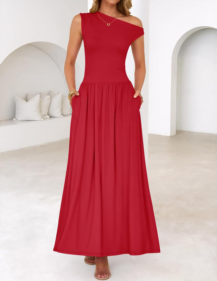 Stylisches Damen Maxikleid, One-Shoulder, asymmetrisch, tailliert, perfekt für Abend & Urlaub.