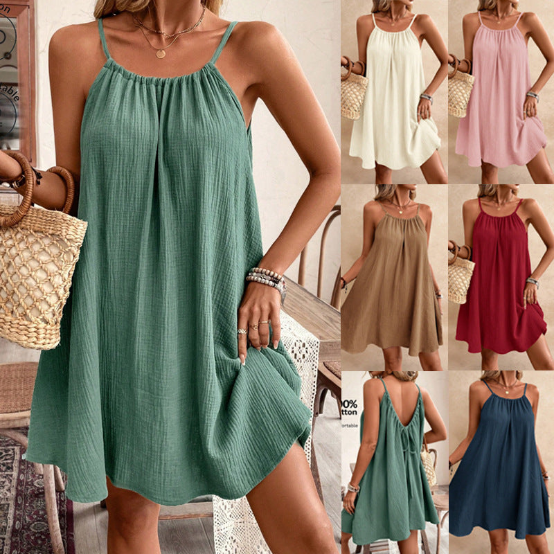 Lässiges Damen Trägerkleid A-Linie mit gerafftem Ausschnitt, perfekt für Sommer & Freizeit. Vielseitig.