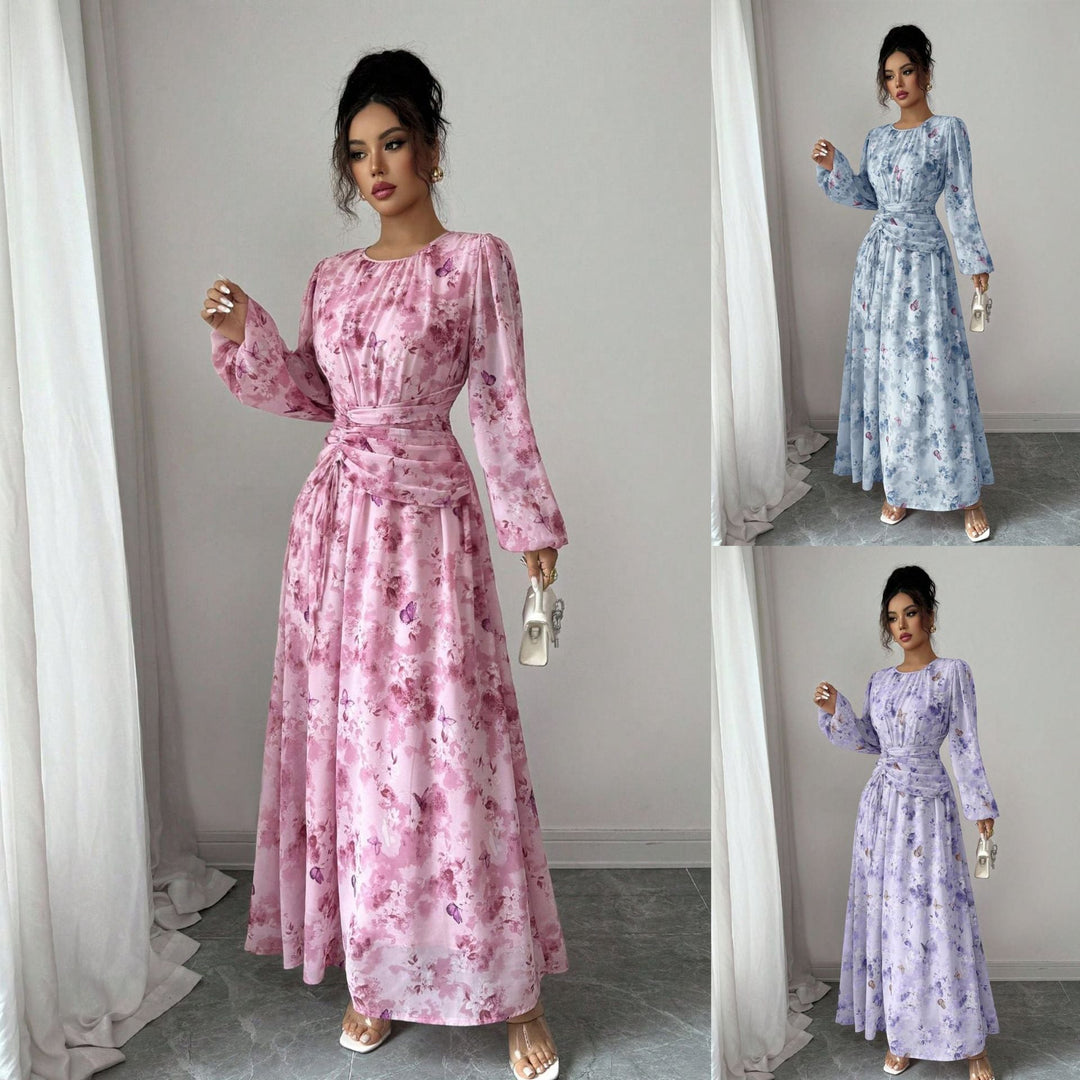 Fließendes Damen Maxikleid mit floralem Print, Ballonärmeln & geraffter Taille. Elegant für Frühling/Sommer.