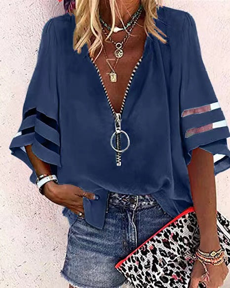 Feminine Damen Bluse mit V-Ausschnitt und stylischem Ringreißverschluss, 3/4 Arm mit Cut-Outs.
