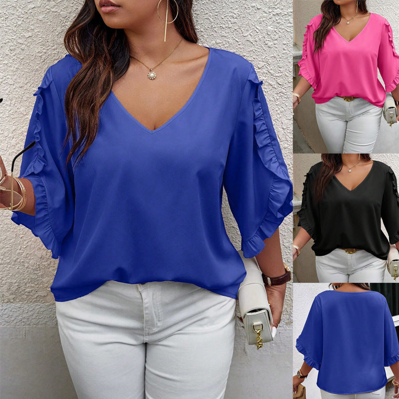 Damen V-Ausschnitt Bluse mit Volantärmeln, elegant und fließend für Business & Freizeit.