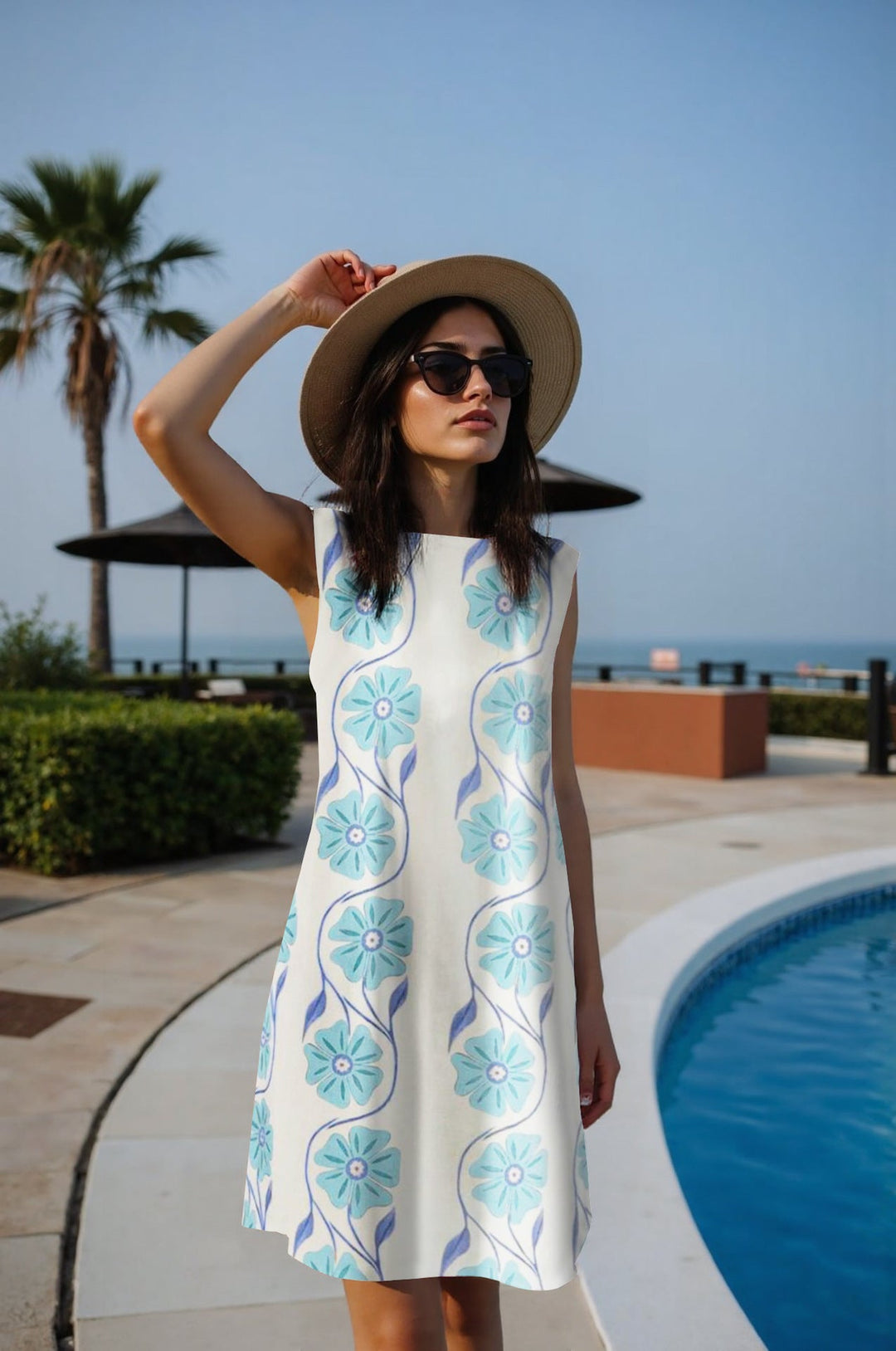 Fließendes ärmelloses Damen Midikleid mit farbenfrohem Blumenprint; Ihr neues Lieblings-Sommerkleid.