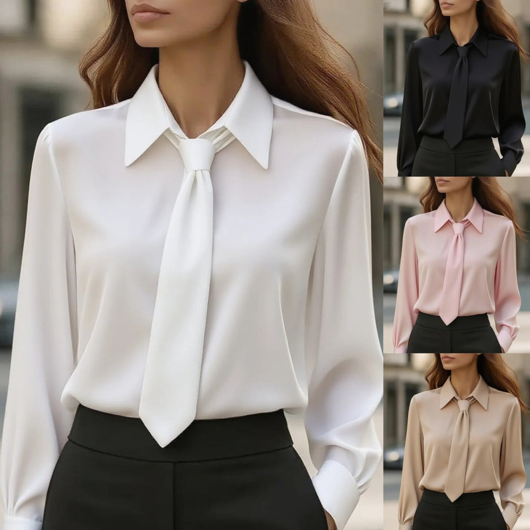 Elegante Damen Business Bluse mit Hemdkragen und integrierter Schleife für den professionellen Büro-Look.