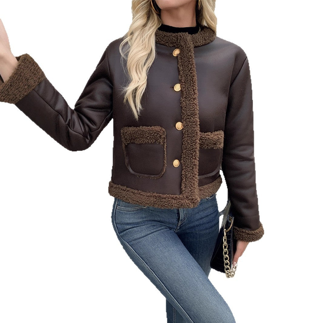 Dunkelbraune Damen Übergangsjacke von der Seite. Elegant, bequem & perfekt für stilvolle Herbst- und Wintermode.