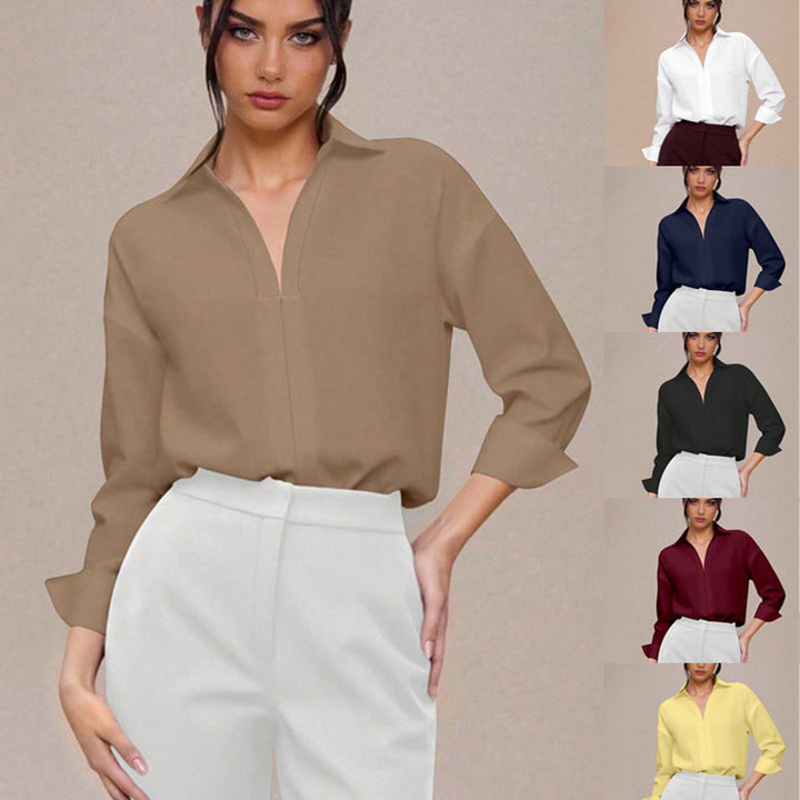 Damen eleganter Hemdblusen-Body, V-Ausschnitt, Oversize-Schnitt, Manschetten. Perfekt für Business & Freizeit.