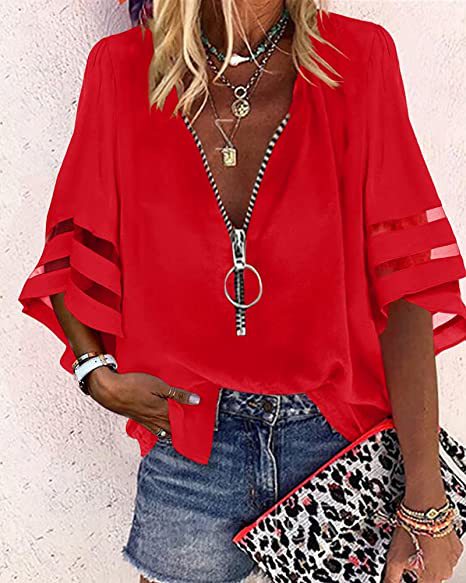 Vielseitige Damen Sommer Bluse: V-Ausschnitt, Ringreißverschluss, Cut-Outs. Ideal für lässige & elegante Looks.