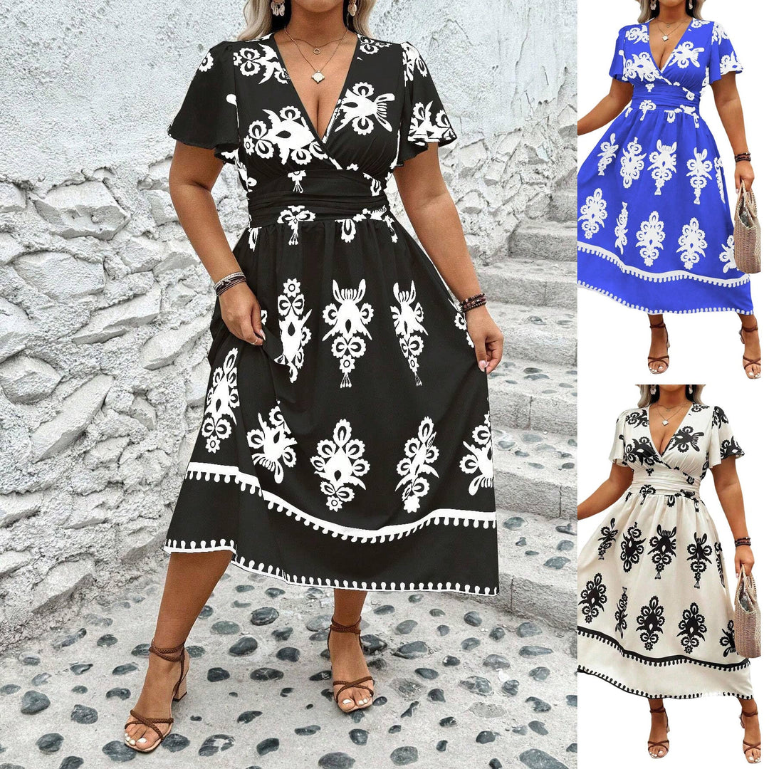 Elegantes Damen Wickel-Midikleid mit floralem Bordürenprint, schmeichelnder Taille & V-Ausschnitt. Perfekt für Sommer.