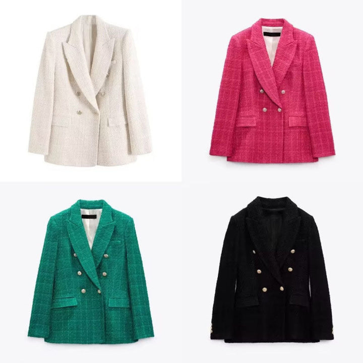 Eleganter Damen Doppelreiher Blazer in Elfenbein, perfekt für Büro & Freizeit. Stilvolle Blazerjacke für modebewusste Frauen.