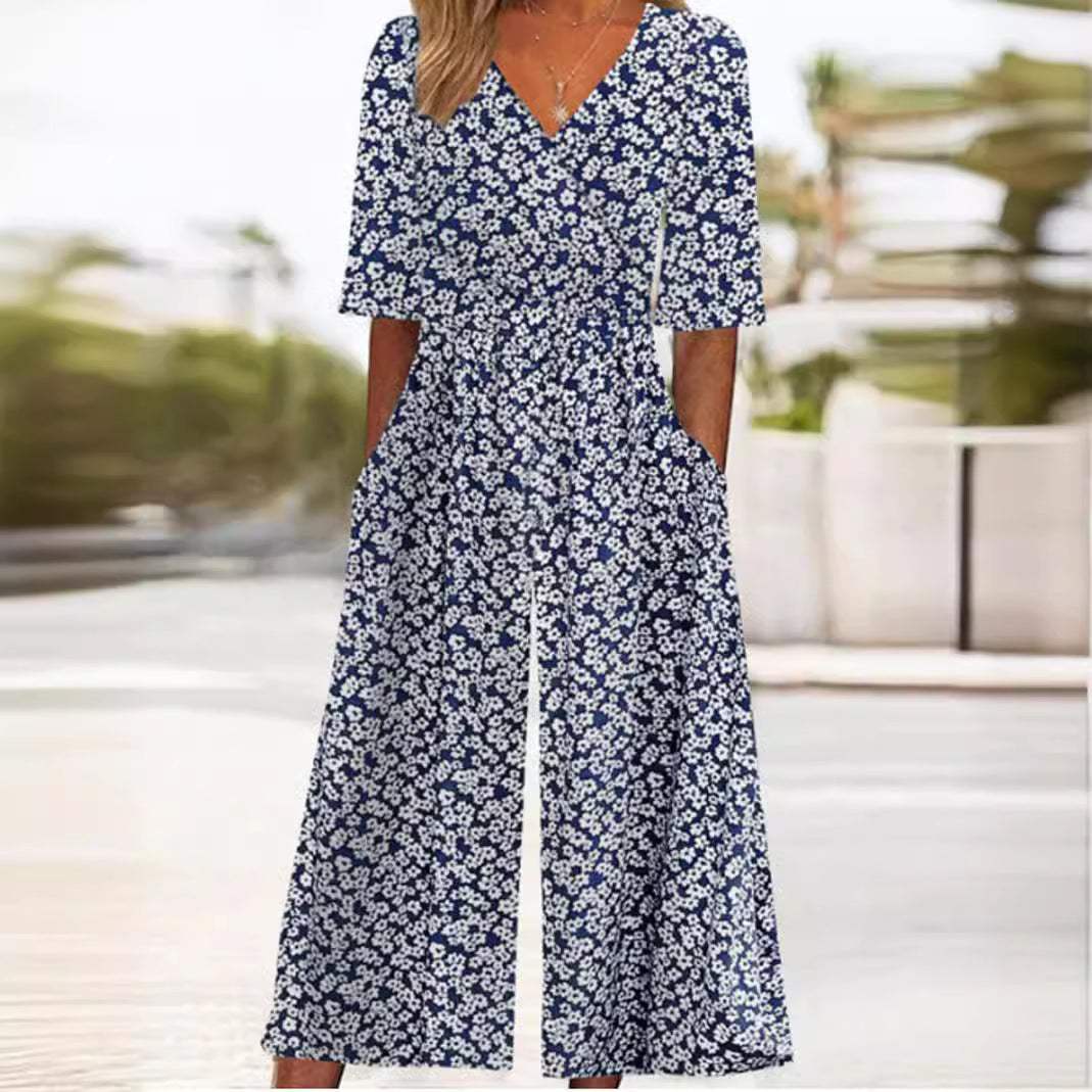 Stilvoller Damen Jumpsuit Elina, weiter Bein Schnitt, ideal für elegante Anlässe, Büro oder entspannte Freizeit.