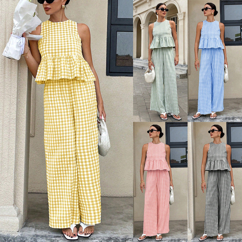 Damen Zweiteiliges Vichy-Karo-Set mit Volant-Top & Palazzo-Hose für sommerlichen Komfort.
