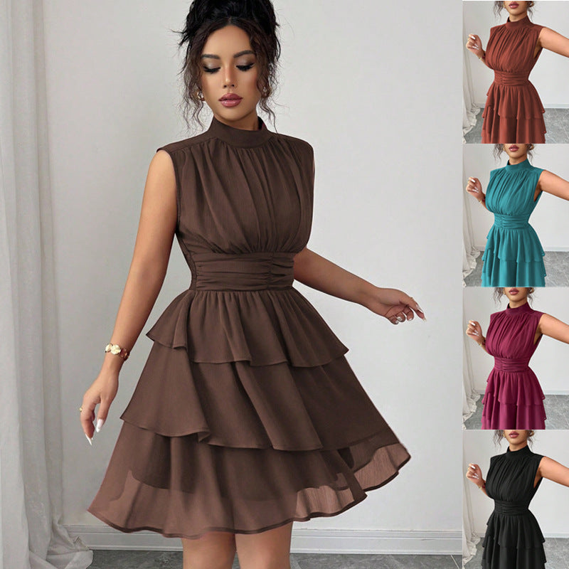 Damen Ärmelloses Stufenkleid mit elegantem Stehkragen; fließend, perfekt für Sommerparty oder Hochzeitsgast.