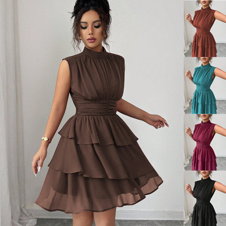 Damen Ärmelloses Stufenkleid mit elegantem Stehkragen; fließend, perfekt für Sommerparty oder Hochzeitsgast.