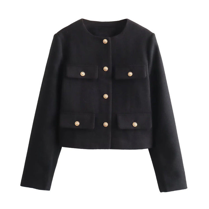Trendige kurze Damenjacke mit Pattentaschen und Rundkragen, eine schicke Übergangsjacke.