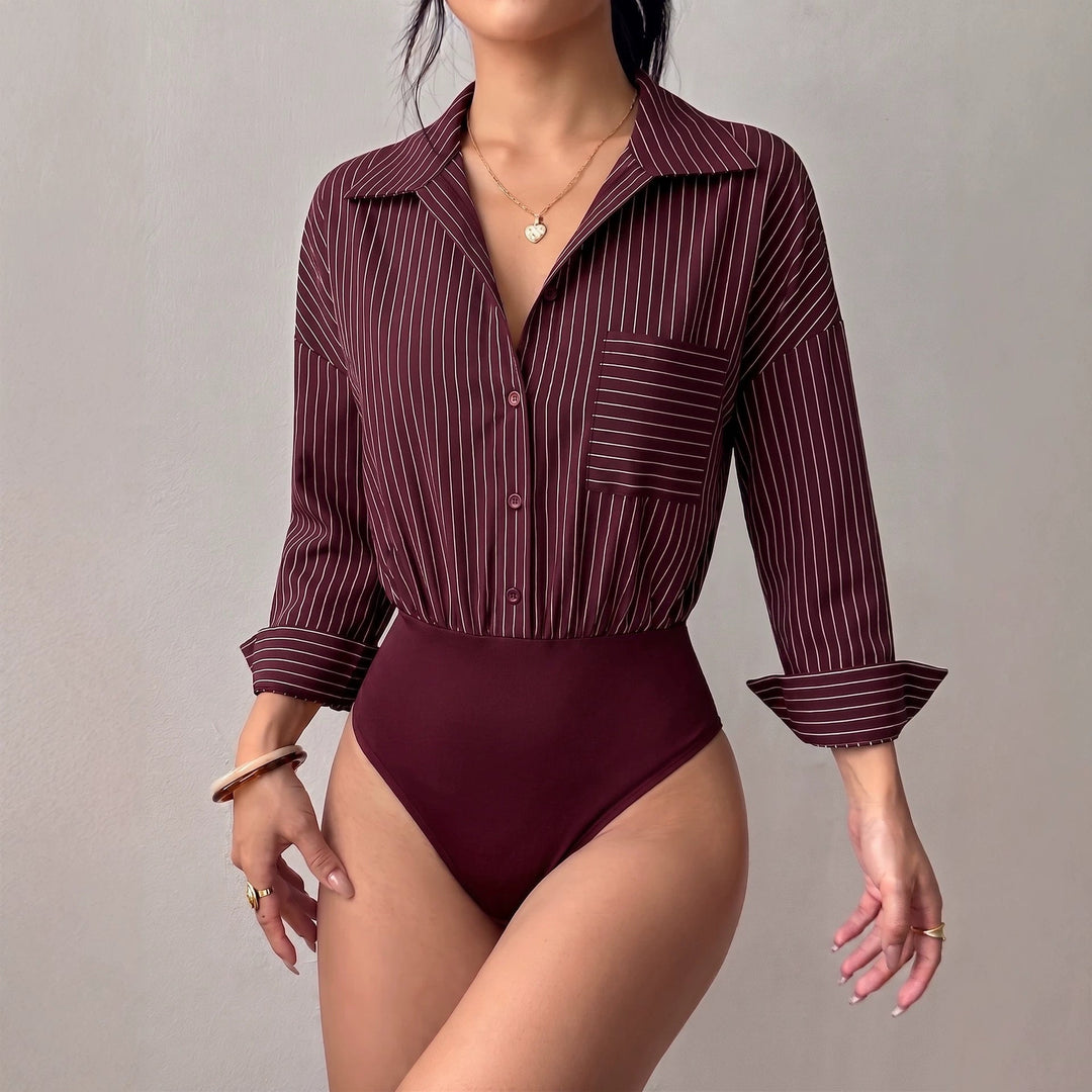 Eleganter Damen Langarm Hemd-Body mit Streifen, tailliert geschnitten, perfekt für Business & Freizeit.