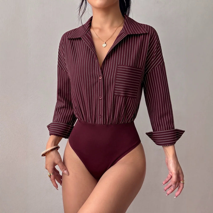 Eleganter Damen Langarm Hemd-Body mit Streifen, tailliert geschnitten, perfekt für Business & Freizeit.